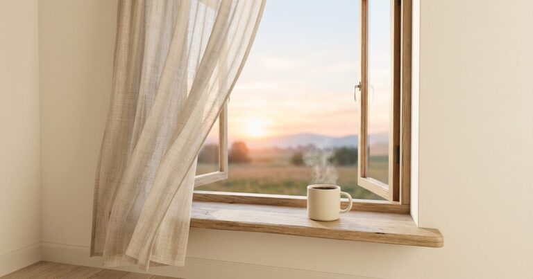 Ventana al amanecer con una cortina de lino y una taza humeante, calma frente al miedo a la recaída del cáncer