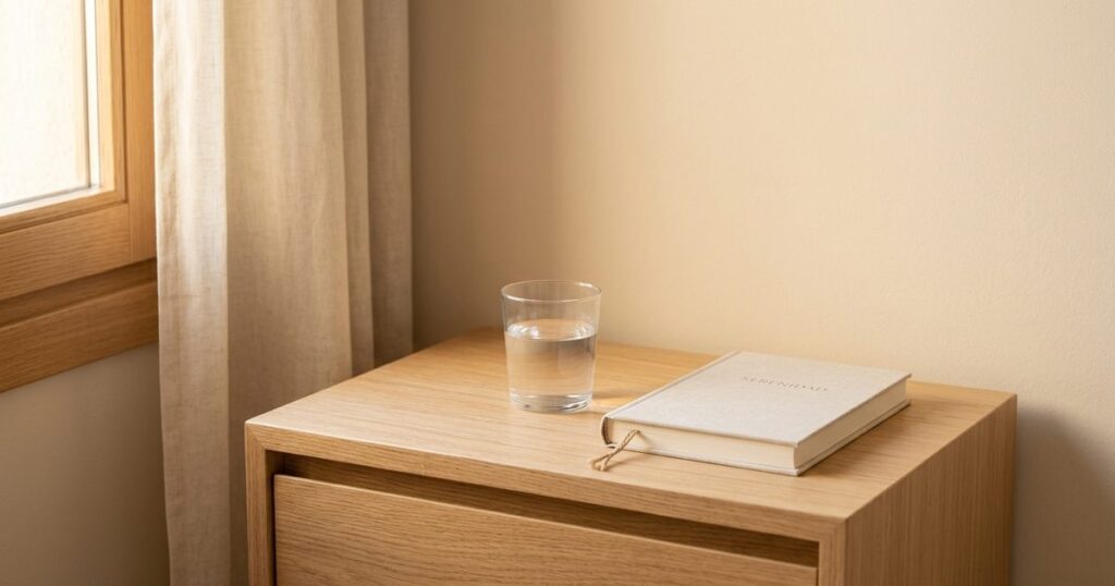 Mesilla de noche con un vaso de agua y un cuaderno cerrado a primera luz, miedo a cualquier síntoma después del cáncer
