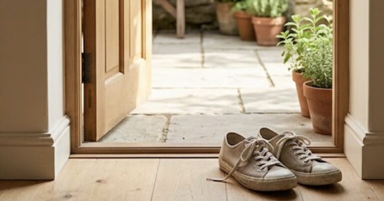 Zapatillas de caminar junto a una puerta abierta que da a un patio luminoso, recuperar tu vida después del cáncer