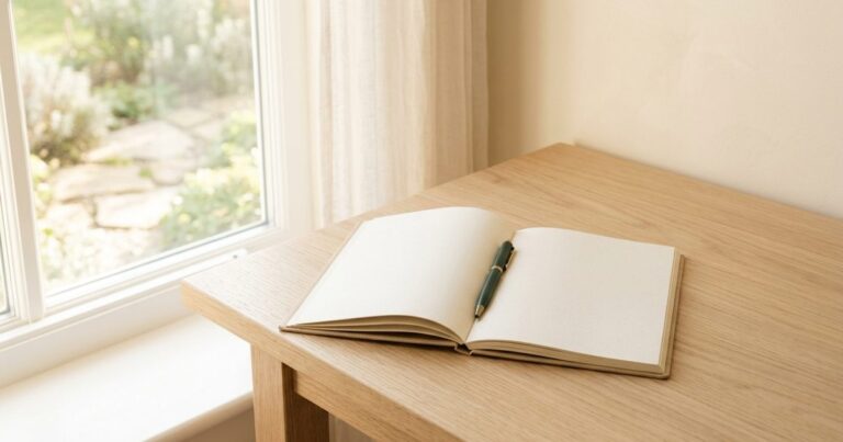 Cuaderno abierto en blanco con un bolígrafo sobre una mesa clara, recuperar la identidad después del cáncer