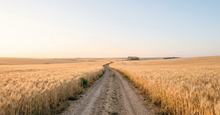 Camino de tierra entre campos que se pierde en el horizonte al amanecer, superar una crisis vital