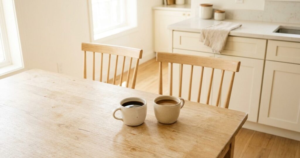 Dos tazas de café sobre una mesa de madera con dos sillas juntas, apoyo emocional para familiares de pacientes con cáncer