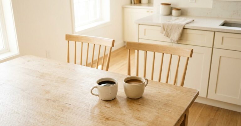 Dos tazas de café sobre una mesa de madera con dos sillas juntas, apoyo emocional para familiares de pacientes con cáncer