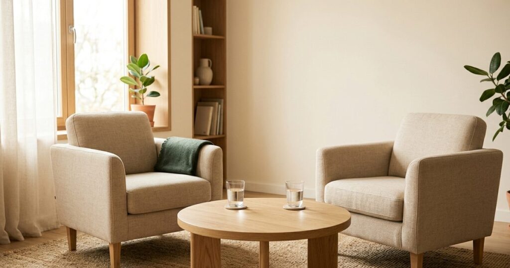 Dos sillas enfrentadas junto a una mesa baja con dos vasos de agua, qué decir a una persona con cáncer
